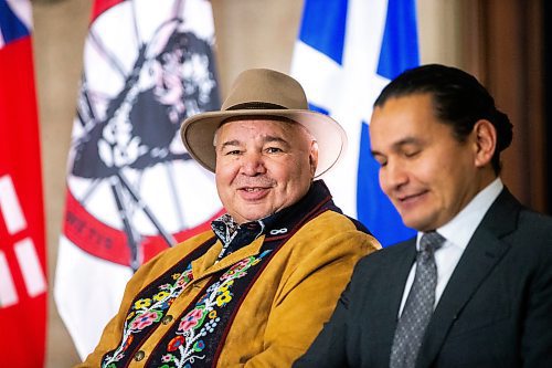 MIKAELA MACKENZIE / WINNIPEG FREE PRESS

MMF president David Chartrand (left) and premier Wab Kinew at a media event announcing the introduction of legislation naming Louis Riel as the honourary first premier of Manitoba at the legislative building on Thursday, Nov. 23, 2023. For Danielle story.
Winnipeg Free Press 2023.