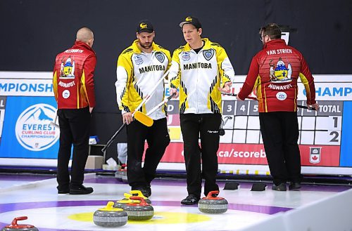 RUTH BONNEVILLE / WINNIPEG FREE PRESS

SPORTS - curling

Derrick Anderson (left Skip) looking at his next move with Justin Hoplock during the Everest Canadian Curling Club Championships taking place at Assiniboine Memorial, Thursday. 

Manitoba&#x573; Derrick Anderson playing Nunavut.


Nov 23rd,, 2023
