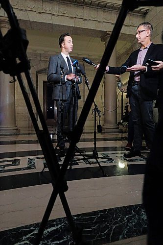 MIKE DEAL / WINNIPEG FREE PRESS
Finance Minister Adrien Sala, Minister Responsible for Manitoba Hydro, talks to reporters after question period at the legislature about the Hydro Second Quarter Report.
231124 - Friday, November 24, 2023.