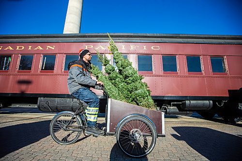 MIKAELA MACKENZIE / WINNIPEG FREE PRESS

Garrett Everett with Winnipeg Trails transports balsam firs from storage to the Christmas Tree stand using a cargo bike at The Forks on Friday, Nov. 24, 2023. All of the proceeds from the sale, which starts today, are going towards the Future Forest initiative (which plants trees along trails in Winnipeg and surrounding areas). Standup.
Winnipeg Free Press 2023.