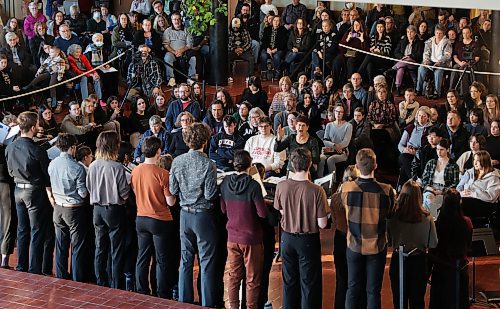 Andrée Dagenais, conductor of Brandon University Chorale, is seen directing the students during Andrew Balfour's piece called War Oratorio Nôtinikêw, (Going to War), in Brandon on Sunday, which tells the stories of forgotten Indigenous soldiers through music. (Michele McDougall/The Brandon Sun)     