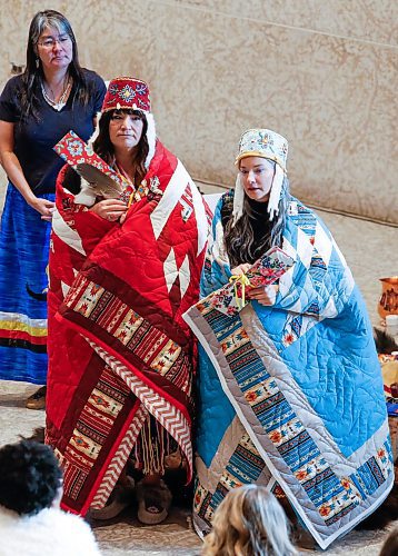 JOHN WOODS / WINNIPEG FREE PRESS
Karen Swain, background, looks on as Manitoba ministers Nahanni Fontaine, right, and Bernadette Smith are honoured during a ceremony at the WAG in Winnipeg Sunday, November  26, 2023. Fontaine and Smith are the first First Nations women to be appointed as Manitoba ministers.

Reporter: ?