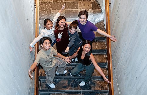 JOHN WOODS / WINNIPEG FREE PRESS
Members of the children cast of the MTC show The Sound Of Music, back row from left, Xhantelle Garcia, Layla North, Ida May Meacham, Alex Schaeffer, and front row from left, Nathan Malolos and Alba Manuel are photographed at MTC in Winnipeg Monday, November  27, 2023. 

Reporter: waldman