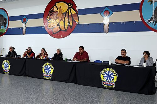 Members of Sioux Valley Dakota Nation's community safety board respond to questions from residents during a meeting on the new community safety law on Monday evening. The law allows for people judged to be a serious threat to the community, like those committing violent acts or trafficking drugs, to be banished from Sioux Valley land. (Colin Slark/The Brandon Sun)