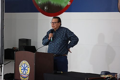 Sioux Valley Dakota Nation Chief Vince Tacan talks about the toll methamphetamine is taking on the community during a public meeting about a new community safety law on Monday. (Colin Slark/The Brandon Sun)