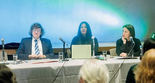 MIKE DEAL / WINNIPEG FREE PRESS
(From left) James Lockyer, a partner in the Toronto office of Lockyer Zaduk Zeeh, and a founding director of Innocence Canada, Alice Kim, Director, Beyond Prisons, Centre for the Study of Race, Politics &amp; Culture at University of Chicago, and Amanda Carling, Red River Metis, CEO of the BC First Nations Justice Council, during an event at the Canadian Museum for Human Rights called, Innocents behind bars in Canada and America: A panel discussion on systemic racism and wrongful convictions.
See Katrina Clarke story.
231128 - Tuesday, November 28, 2023.