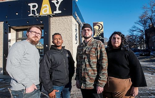 JOHN WOODS / WINNIPEG FREE PRESS
Resource Assistance for Youth (RAY) staff, from left, Nicholas Friesen, Communications and Donor Relations, Aaron Ghebrehiwot, Rapid Rehousing Manager, Matthew Altieri, Grant and Information Coordinator, and Adi Farage,  Addictions Case Manager, are photographed outside their Sherbrook St office in Winnipeg Tuesday, November  28, 2023. RAY have authored a report that tracked where homeless people are and where opioid overdoses are happening in the city.

Reporter: Katie