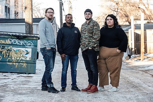 JOHN WOODS / WINNIPEG FREE PRESS
Resource Assistance for Youth (RAY) staff, from left, Nicholas Friesen, Communications and Donor Relations, Aaron Ghebrehiwot, Rapid Rehousing Manager, Matthew Altieri, Grant and Information Coordinator, and Adi Farage,  Addictions Case Manager, are photographed outside their Sherbrook St office in Winnipeg Tuesday, November  28, 2023. RAY have authored a report that tracked where homeless people are and where opioid overdoses are happening in the city.

Reporter: Katie