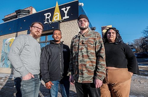 JOHN WOODS / WINNIPEG FREE PRESS
Resource Assistance for Youth (RAY) staff, from left, Nicholas Friesen, Communications and Donor Relations, Aaron Ghebrehiwot, Rapid Rehousing Manager, Matthew Altieri, Grant and Information Coordinator, and Adi Farage,  Addictions Case Manager, are photographed outside their Sherbrook St office in Winnipeg Tuesday, November  28, 2023. RAY have authored a report that tracked where homeless people are and where opioid overdoses are happening in the city.

Reporter: Katie