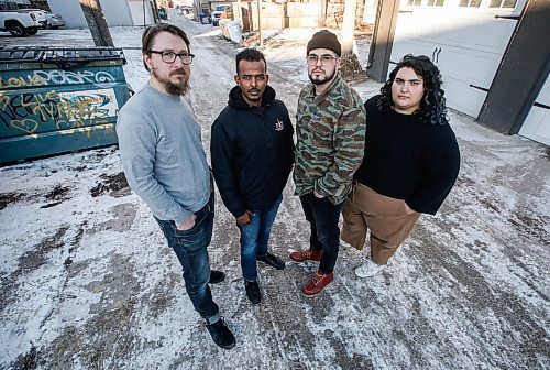 JOHN WOODS / WINNIPEG FREE PRESS
Resource Assistance for Youth (RAY) staff, from left, Nicholas Friesen, Communications and Donor Relations, Aaron Ghebrehiwot, Rapid Rehousing Manager, Matthew Altieri, Grant and Information Coordinator, and Adi Farage,  Addictions Case Manager, are photographed outside their Sherbrook St office in Winnipeg Tuesday, November  28, 2023. RAY have authored a report that tracked where homeless people are and where opioid overdoses are happening in the city.

Reporter: Katie