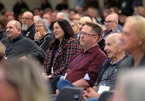 Portage la Prairie Mayor Sharilyn Knox reactes to a joke during the introduction of Manitoba Premier Wab Kinew during the Association of Manitoba Municipalities conference at the Keystone Centre in Brandon on Tuesday afternoon. (Matt Goerzen/The Brandon Sun)