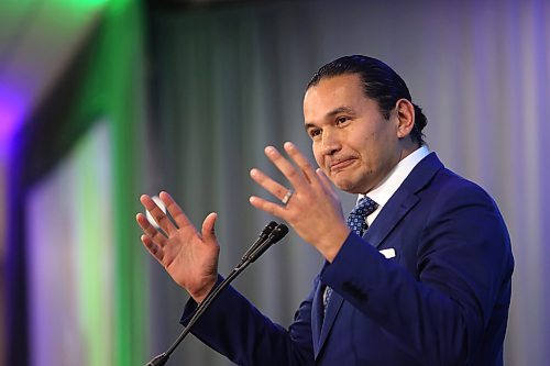 Manitoba Premier Wab Kinew gestures during a speach to delegates at the Association of Manitoba Municipalities conference at the Keystone Centre in Brandon on Tuesday afternoon. (Matt Goerzen/The Brandon Sun)