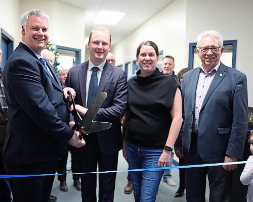 L-R: Brandon West MLA Wayne Balcaen, Spruce Woods MLA Grant Jackson, Brandon Chamber of Commerce President Jaime Pugh, Brandon Souris MP Larry Maguire cut the ribbon during the grand opening of Balcaen's new office at Unit C 824 18th Street Brandon on Friday. Balcaen says the purpose of inaugurating an office is to ensure heightened visibility and accessibility for residents. He admits facing challenges like scarcity of suitable spaces, accessibility standards like parking, meeting areas, and budget constraints in choosing the location. Jackson says he will be sharing Balcaen's office to create accessibility for constituents from North Hill. Photo: (Abiola Odutola/The Brandon Sun)