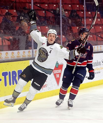 01122023
Rylen Roersma #18 of the Brandon Wheat Kings celebrates a goal during WHL action against the Regina Pats at Westoba Place on Friday evening.
(Tim Smith/The Brandon Sun)