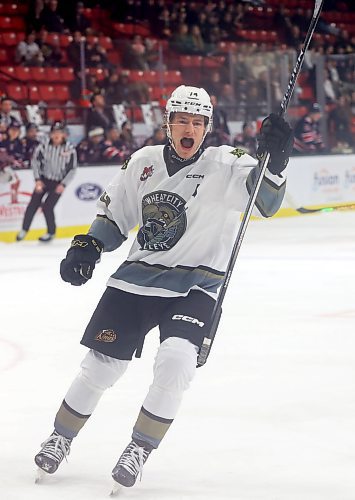 01122023
Brett Hyland #74 of the Brandon Wheat Kings celebrates a goal during WHL action against the Regina Pats at Westoba Place on Friday evening.
(Tim Smith/The Brandon Sun)