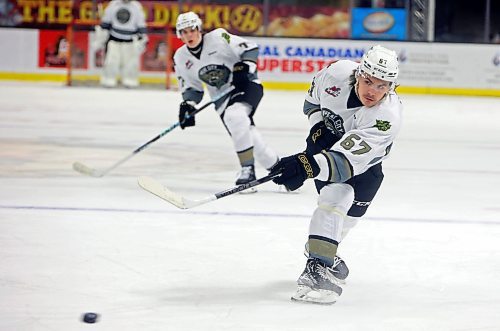 01122023
Matt Henry #67 of the Brandon Wheat Kings fires a shot on net during WHL action against the Regina Pats at Westoba Place on Friday evening.
(Tim Smith/The Brandon Sun)