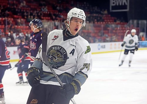 01122023
Brett Hyland #74 of the Brandon Wheat Kings celebrates a goal during WHL action against the Regina Pats at Westoba Place on Friday evening.
(Tim Smith/The Brandon Sun)