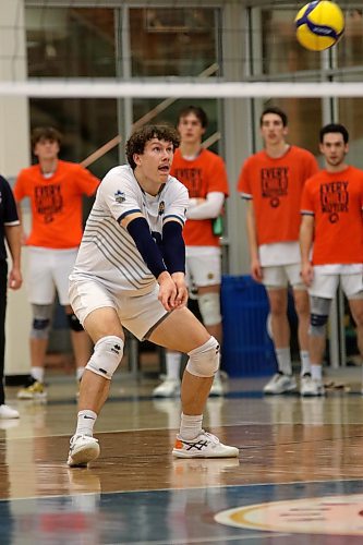 Brandon University Bobcats Jens Watt passes a ball during Canada West men's volleyball action against the Fraser Valley Cascades at the Healthy Living Centre on Saturday. (Thomas Friesen/The Brandon Sun)