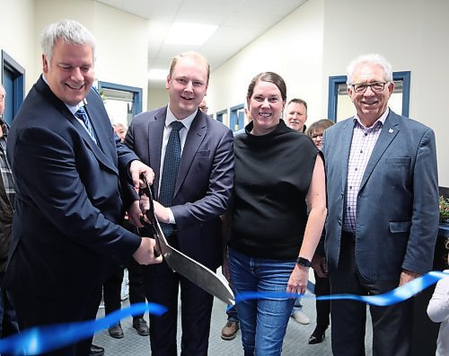 Left to Right: Brandon West MLA Wayne Balcaen, Spruce Woods MLA Grant Jackson, Brandon Chamber of Commerce President Jaime Pugh and Brandon Souris MP Larry Maguire cut the ribbon during the grand opening of Balcaen’s new office at Unit C 824 18th Street on Friday. Balcaen says the purpose of inaugurating an office is to ensure heightened visibility and accessibility for residents. Jackson says he will share Balcaen’s office to create accessibility for constituents from North Hill. (Abiola Odutola/The Brandon Sun)