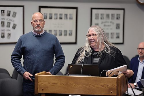 Community Wellness Collaborative co-chairs Ross Robinson (left) and Antoinette Gravel-Ouelette (right) told Brandon City Council on Monday that they are organizing a meeting between local meal providers and those who use them to figure out how to provide hot meal services seven days a week for those in need. (Colin Slark/The Brandon Sun)