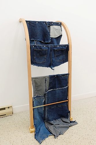 MIKE DEAL / WINNIPEG FREE PRESS
Ehidiamen Ojeaga, Rack, 2023, unstained thin sheets of cherry wood amalgamated and adhered into a thickness, recycled denim, found metal scraps.
Centre for Cultural and Artistic Practices (C’cap) is a new contemporary art gallery in downtown Winnipeg. The gallery was previously called Blinker but has been recently been rebranded to better fit director Luther Konadu’s goals of highlighting visual art and the community that surrounds it.
The inaugural C’cap show, “the language is in the drifts”, features seven Winnipeg-based artists at different points of their artistic practices and works of art that inhabit multiple mediums, forms, or points of reference.
See Eva Wasney story
231204 - Monday, December 04, 2023.
