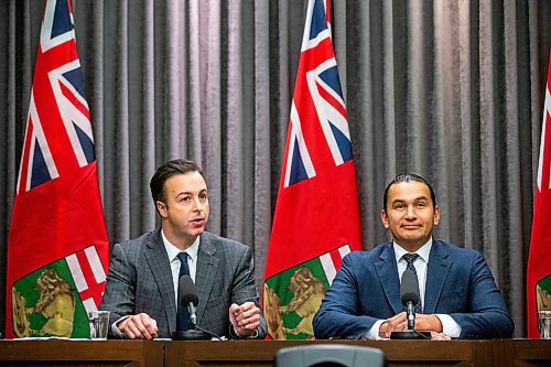 MIKAELA MACKENZIE / WINNIPEG FREE PRESS

Finance minister Adrien Sala (left) and premier Wab Kinew speak to the media about the finances left to them by the previous conservative government at the Manitoba Legislative Building on Tuesday, Dec. 5, 2023. For Danielle story.
Winnipeg Free Press 2023