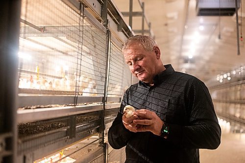 MIKAELA MACKENZIE / WINNIPEG FREE PRESS

Kurt Siemens in the pullet barn, which holds 21,000 two-and-a-half week old chicks (and is kept at the warmest temperature), near Rosenort on Monday, Dec. 4, 2023. Siemens is one of many farmers asking the federal government for an exemption on carbon pricing for natural gas and propane used on the farm &#x460;for him, that would mean an exemption on the carbon price heating his chicken barns. For JS carbon tax story.
Winnipeg Free Press 2023