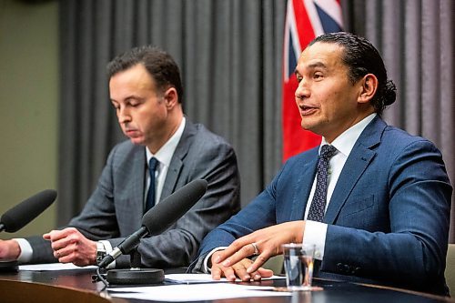 MIKAELA MACKENZIE / WINNIPEG FREE PRESS

Premier Wab Kinew (right) and finance minister Adrien Sala speak to the media about the finances left to them by the previous conservative government at the Manitoba Legislative Building on Tuesday, Dec. 5, 2023. For Danielle story.
Winnipeg Free Press 2023