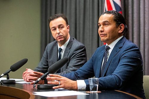 MIKAELA MACKENZIE / WINNIPEG FREE PRESS

Premier Wab Kinew (right) and finance minister Adrien Sala speak to the media about the finances left to them by the previous conservative government at the Manitoba Legislative Building on Tuesday, Dec. 5, 2023. For Danielle story.
Winnipeg Free Press 2023