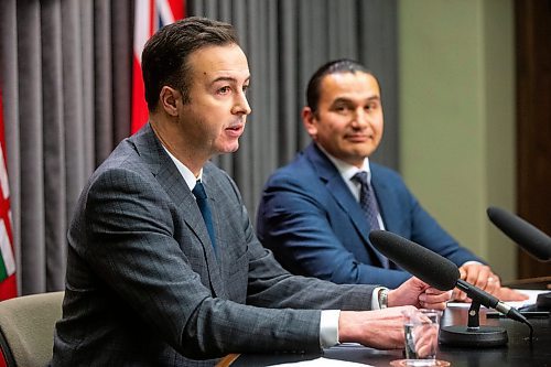 MIKAELA MACKENZIE / WINNIPEG FREE PRESS

Finance minister Adrien Sala (left) and premier Wab Kinew speak to the media about the finances left to them by the previous conservative government at the Manitoba Legislative Building on Tuesday, Dec. 5, 2023. For Danielle story.
Winnipeg Free Press 2023