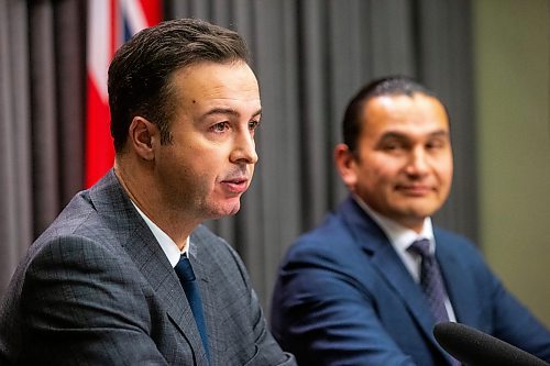 MIKAELA MACKENZIE / WINNIPEG FREE PRESS

Finance minister Adrien Sala (left) and premier Wab Kinew speak to the media about the finances left to them by the previous conservative government at the Manitoba Legislative Building on Tuesday, Dec. 5, 2023. For Danielle story.
Winnipeg Free Press 2023