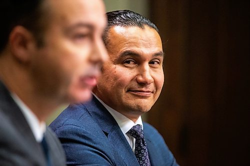 MIKAELA MACKENZIE / WINNIPEG FREE PRESS

Premier Wab Kinew (right) and finance minister Adrien Sala speak to the media about the finances left to them by the previous conservative government at the Manitoba Legislative Building on Tuesday, Dec. 5, 2023. For Danielle story.
Winnipeg Free Press 2023