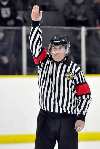 Officiating all levels of hockey for the past 15 years, retired artillery soldier Brad LaRoque enjoys working with young referees to bolster their on-ice confidence. He received a most deserving officials award from Hockey Manitoba for his work in the Westman South area. (Photos Jules Xavier/The Brandon Sun)