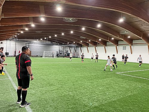 Soccer players participate in a local league at the new TC Indoor Sports Facility, which is on the spot once occupied by the Wheat City Curling Club. (Perry Bergson/The Brandon Sun)