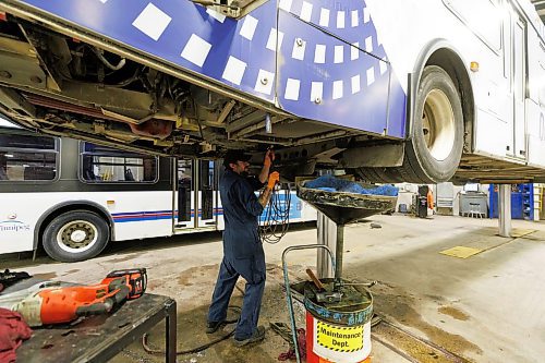 MIKE DEAL / WINNIPEG FREE PRESS
A maintenance worker with a wrench under a bus that sits on a massive hydraulic jack.
The Winnipeg Transit Service and Maintenance buildings at 421 Osborne Street.
See AV Kitching story
231205 - Tuesday, December 05, 2023.