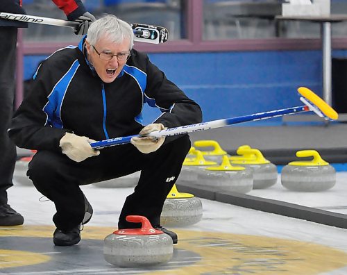 Skip Murray Morris barks instructions to his team Thursday afternoon at the Brandon Curling Club as he watches third Brian Barker's incoming rock during the fifth end. Morris and his foursome prevailed 5-2 in the Westoba Masters Super League finals.
(Photos Jules Xavier/The Brandon Sun)