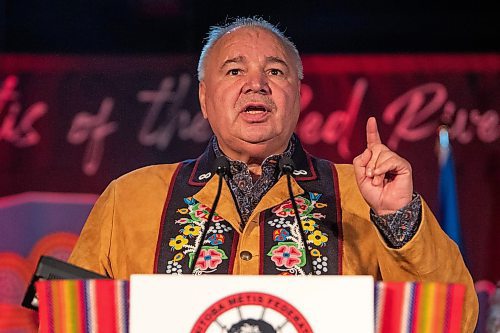 Daniel Crump / Winnipeg Free Press. President David Chartrand gives the Sates of the Metis Nation Address at the Manitoba Metis Federation annual general assembly at Assiniboine Downs on Saturday. March 26, 2022.
