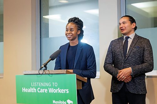 MIKE DEAL / WINNIPEG FREE PRESS
Premier Wab Kinew and Health, Seniors and Long-Term Care Minister Uzoma Asagwara hold a press conference after speaking to health-care workers at the Grace Hospital Friday morning.
231208 - Friday, December 08, 2023.