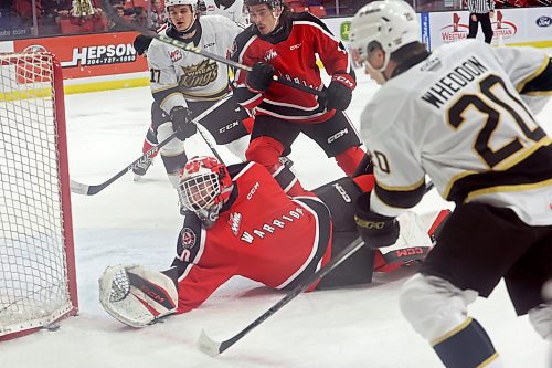 08122023
Netminder Jackson Unger #30 of the Moose Jaw Warriors tries to get his glove on the puck during WHL action against the Brandon Wheat Kings at Westoba Place on Friday evening.
(Tim Smith/The Brandon Sun)