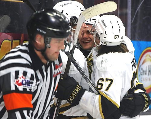 Brandon Wheat Kings forward Joby Baumuller (17), centre, smiles as he is mobbed by linemates Carter Klippenstein (19), left, and Matt Henry (67), right, after scoring his first goal of the season during Western Hockey League action against the Kamloops Blazers at Westoba Place on Saturday. The Wheat Kings earned a 6-2 victory to extend their winning streak to five games. (Perry Bergson/The Brandon Sun)
Dec. 9, 2023