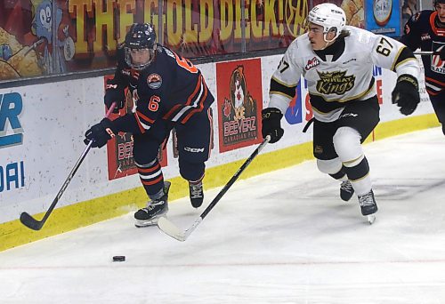 Brandon Wheat Kings forward Matt Henry lines up Kamloops Blazers defenceman Matteo Koci (6) for a bodycheck during Western Hockey League action at Westoba Place on Saturday. The Wheat Kings earned a 6-2 victory to extend their winning streak to five games. (Perry Bergson/The Brandon Sun)
Dec. 9, 2023