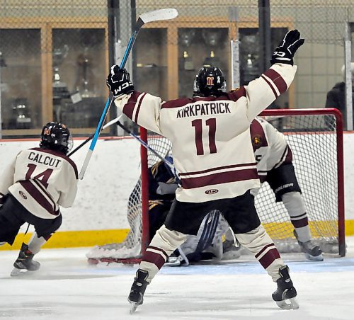 Tenacious Crocus Plainsmen energy players Cale Calcut (14) and Cooper Kirkpatrick (14) celebrate after setting up teammate Ritchie Monias' second-period goal on Sunday night at Flynn Arena. Crocus recorded an 8-2 triumph over the visiting Birtle Falcons.
(Photo by Jules Xavier/The Brandon Sun)