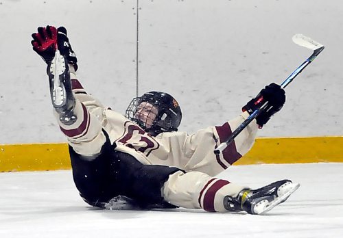 Ren Durward celebrates his first-period powerplay goal to give the Crocus Plainsmen a 3-0 lead on Sunday night at Flynn Arena, with the Birtle Falcons providing the opposition. Crocus would score five more goals en route to an 8-2 triumph in Westman High School Hockey League action.
(Photo by Jules Xavier/The Brandon Sun)