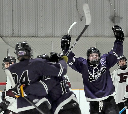 Vincent Massey Vikings captain Josh Ransom celebrates another goal — in league play he has a 10 goals and 20 points.
(Jules Xavier/The Brandon Sun)