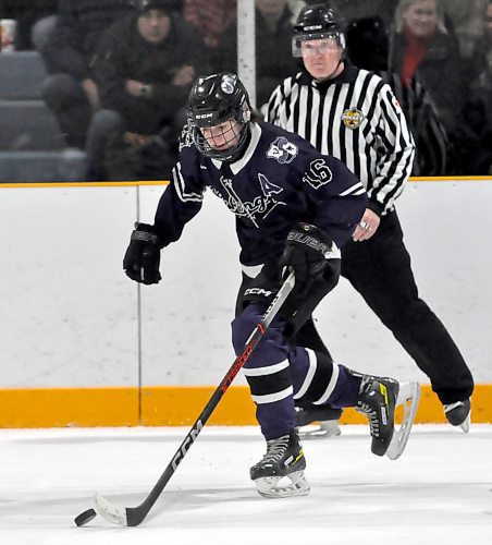 The Westman High School Hockey League's scoring race is let by deft playmaker Josh Romanik of the Vincent Massey Vikings, who has tallied 13 goals and a league-best 29 assists at the midterm of the season.
(Jules Xavier/The Brandon Sun)
