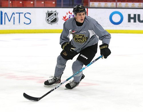 Brandon Wheat Kings defenceman Jackson DeSouza, shown on Dec. 4 in his first practice after he arrived in the Wheat City, will return to the lineup tonight for the Wheat Kings after missing two games due to injury. (Perry Bergson/The Brandon Sun)
Dec. 4, 2023