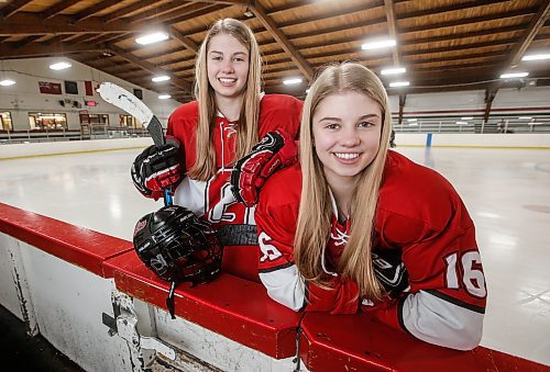 JOHN WOODS / WINNIPEG FREE PRESS
Glenlawn Lions&#x560;Vayda (17), left, and Delainey (16) Rigaux, are photographed during their high school hockey practice at St Vital Centennial Arena Monday, December 11, 2023. The twins are leading the MWHHSL in scoring right now.

Reporter: josh