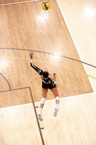 BROOK JONES / WINNIPEG FREE PRESS
University of Manitoba Bisons left side Raya Surinx delivers a jump spin serve during the third set against the visiting Mount Royal Cougars in Canada West women's volleyball action inside Investors Group Athletic Centre at the University of Manitoba Fort Garry campus in Winnipeg, Man., Friday, Nov. 17, 2023. The Bisons earned a 3-0 (25-13, 25-19, 25-21) victory over the Cougars.