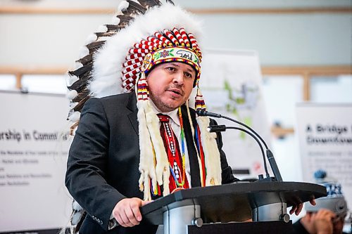 MIKAELA MACKENZIE / WINNIPEG FREE PRESS
	
Jerry Daniels, grand chief of the Southern Chiefs&#x560;Organization, speaks before signing a memorandum of understanding at Portage Place on Tuesday, Dec. 12, 2023. For Joyanne story.
Winnipeg Free Press 2023