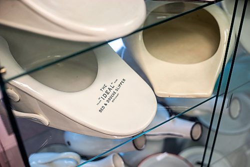 MIKAELA MACKENZIE / WINNIPEG FREE PRESS
	
A small collection of bedpans at the Health Science&#x2019;s Centre archives on Monday, Dec. 11, 2023. Students at Brandon University took the bedpans on as research projects. For Dave Sanderson story.
Winnipeg Free Press 2023